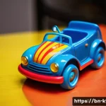 주방완구 안전 인증 확인법 - **Prompt:** A close-up, high-angle shot focusing on a seemingly vibrant and glossy plastic toy car, ...