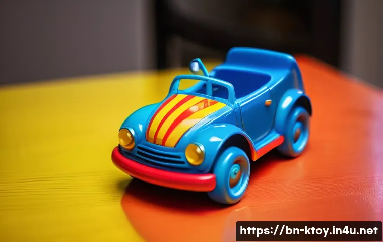 주방완구 안전 인증 확인법 - **Prompt:** A close-up, high-angle shot focusing on a seemingly vibrant and glossy plastic toy car, ...